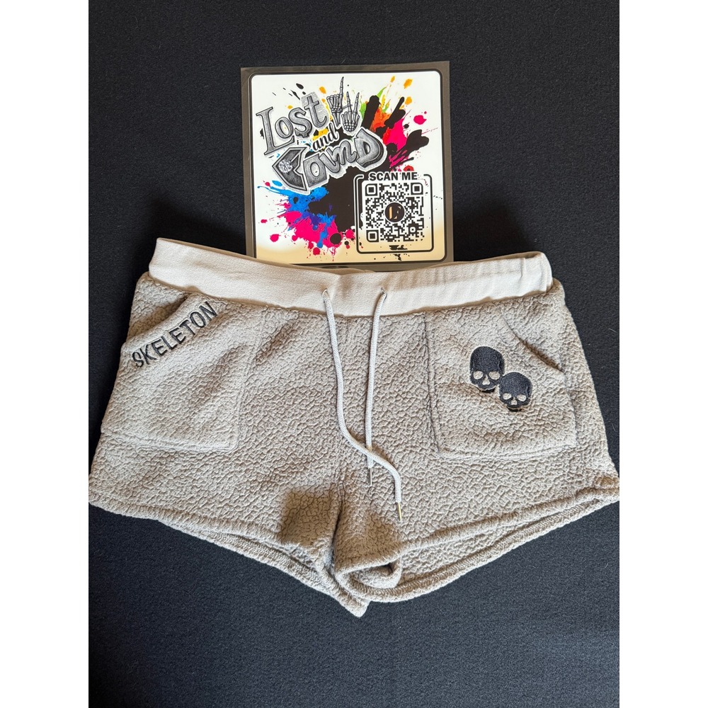 Romwe Sherpa Fleece Shorts Womens XL Gray‎ Excellent Skull Skeleton Embroidery